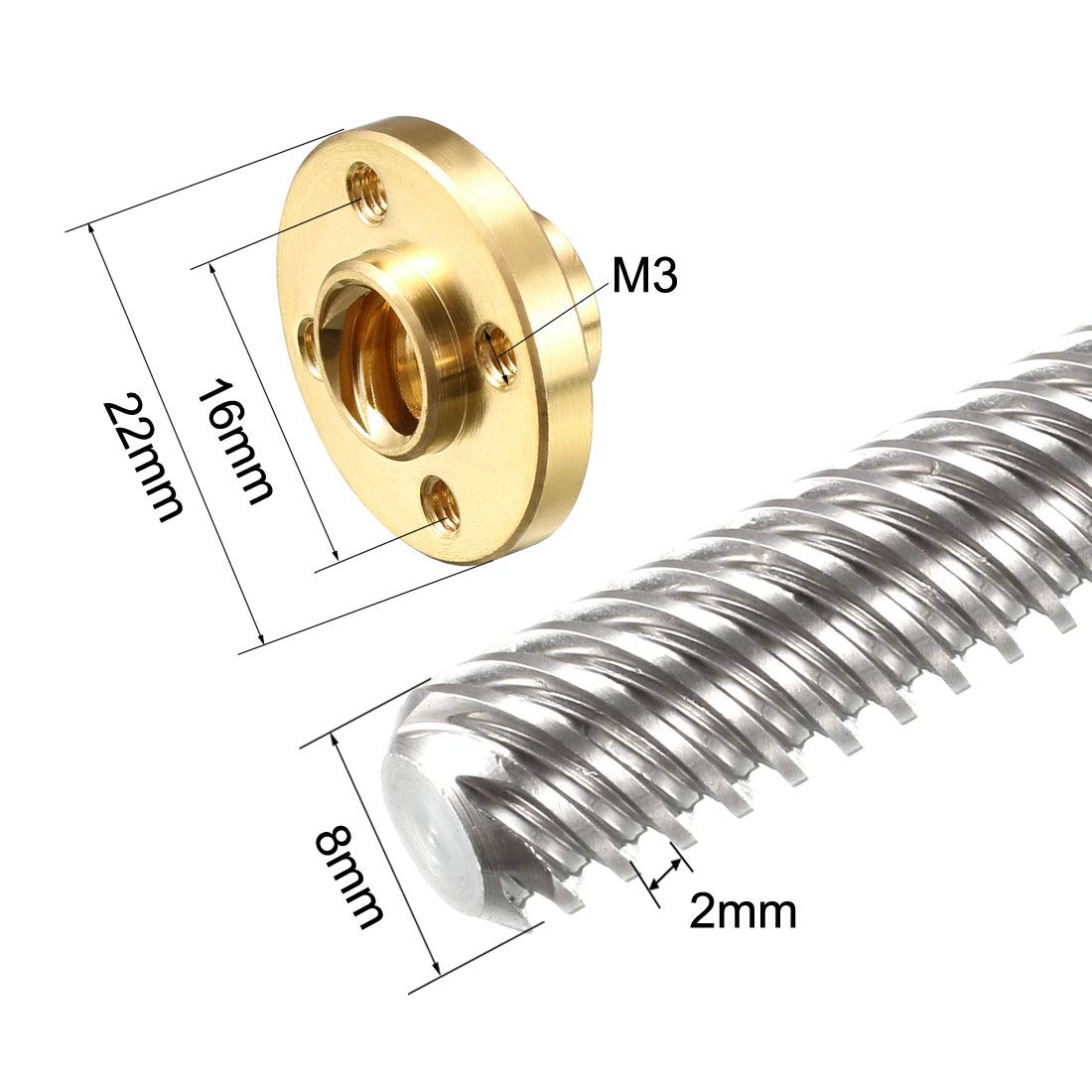 uxcell 300mm T8 OD 8mm Pitch 2mm Lead 12mm Stainless Steel Lead Screw Rod with Copper Nut Acme