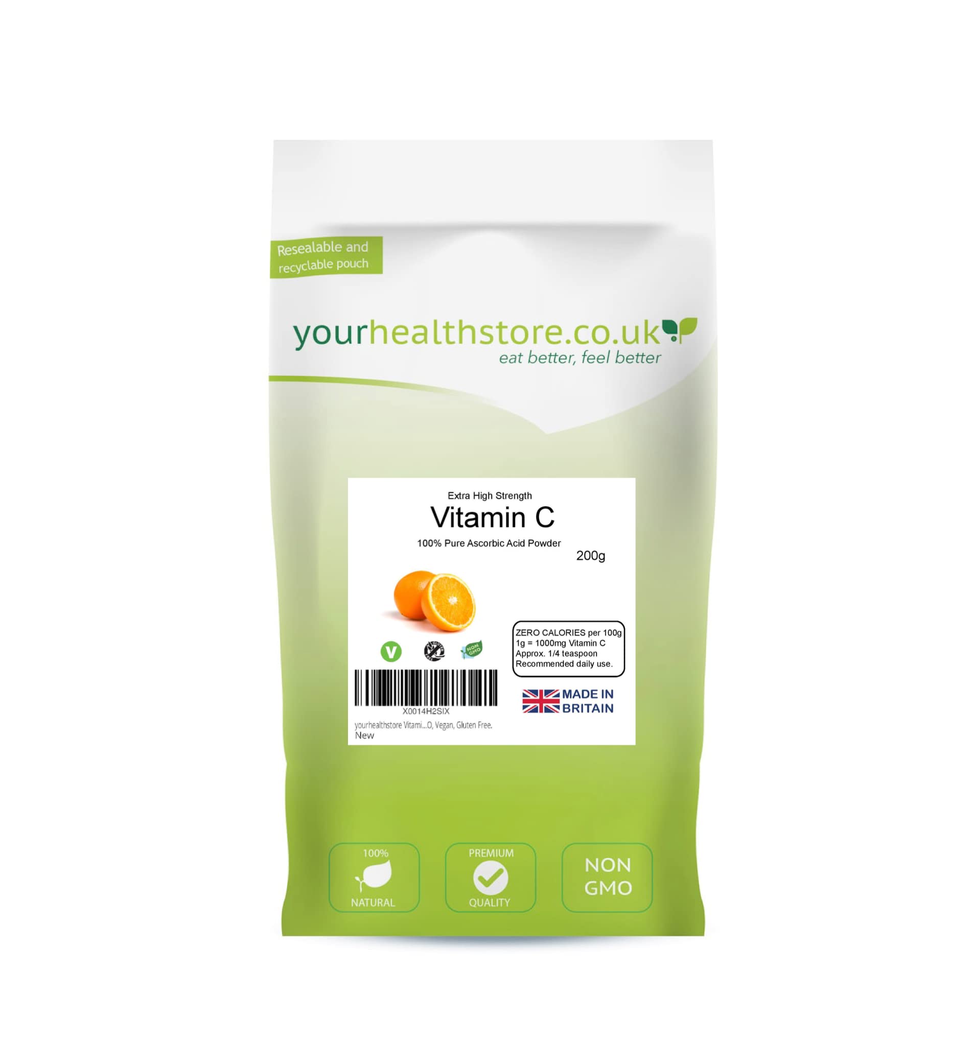 Vitamin C Powder 200g by yourhealthstore, Extra High Strength Ascorbic Acid – 100% Pure British Pharmaceutical Grade, Non-GMO, Vegan, Gluten Free.