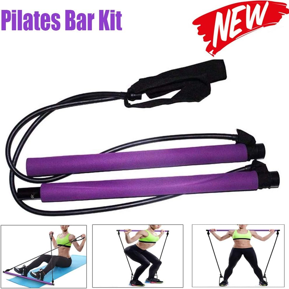 Portable Yoga Exercise Pilates Bar Kit with Long Resistance Band & Foot Loop Yoga Pilates Stick Total Body Workout Toning Bar for Yoga,Stretch,Sculpt,Twisting Sit-Up Home Gym