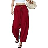 LOMON Womens Wide Leg Linen Pants Casual Drawstring Palazzo Harem Pants Summer Loose Beach Travel Vacation Pants with Pockets
