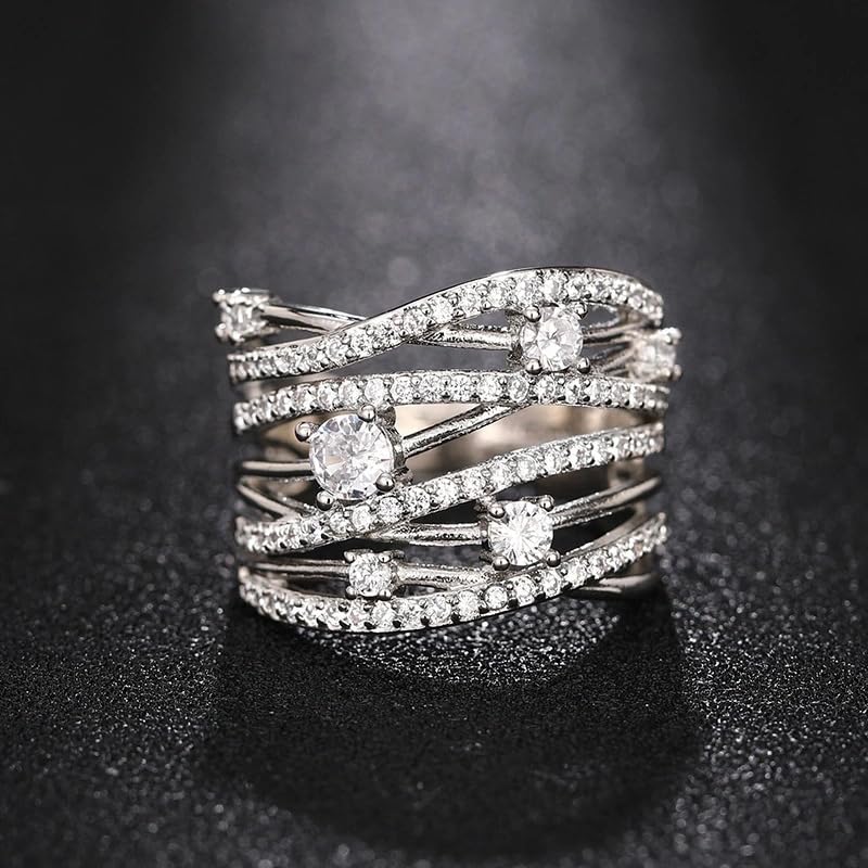 Photo 1 of RKKOJJO 925 Sterling Silver Shiny Full Diamond Gemstone Ring 18K Cubic Zirconia Promise Cocktail Rings Entangle Eternity Engagement Wedding Band Ring for Women Size 10