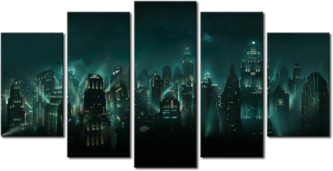 Wall Art Decor Poster Painting On Canvas Print Pictures 5 Pieces Bioshock City Landscape Framed Picture for Home Decoration Living Room Artwork (UnFramed,Medium)