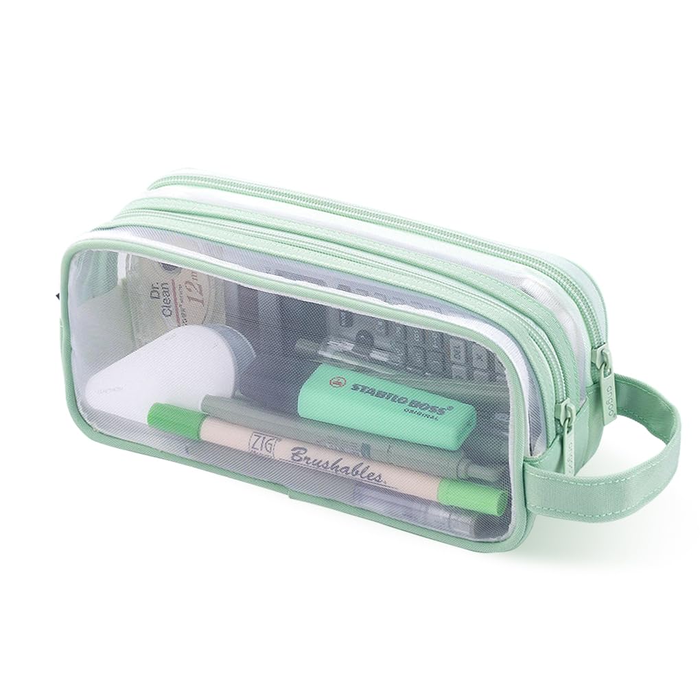 Oyachic 2 Compartment Pencil Case Clear Mesh Pen Pouch Grid Makeup Cosmetics Bag Transparent Marker Organizer Office Business Travel Adults (Green)