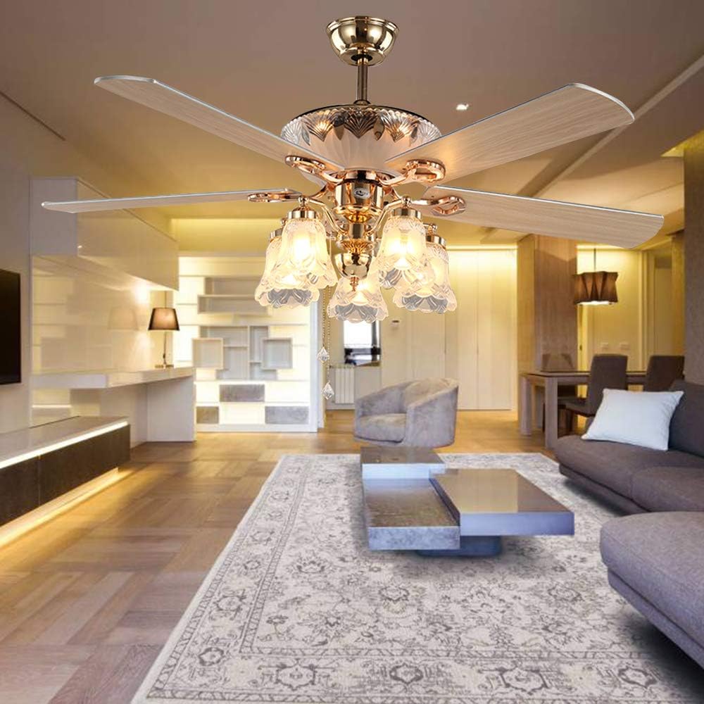 Golden Ceiling Fan Light with 5 Reversible Blades and Remote Control, Modern Quiet Fan 52-Inch Chandelier Fan Light