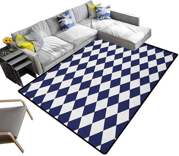 Blue Household Carpet Classical Old Fashioned Checkered Pattern