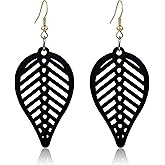 KaFu Bohemian Colorful Nature Wooden Leaf Earrings for Women Lightweight Vintage Hollow Wood leaf Dangle Drop Earrings African Ethnic Geometry Earrings Jewelry