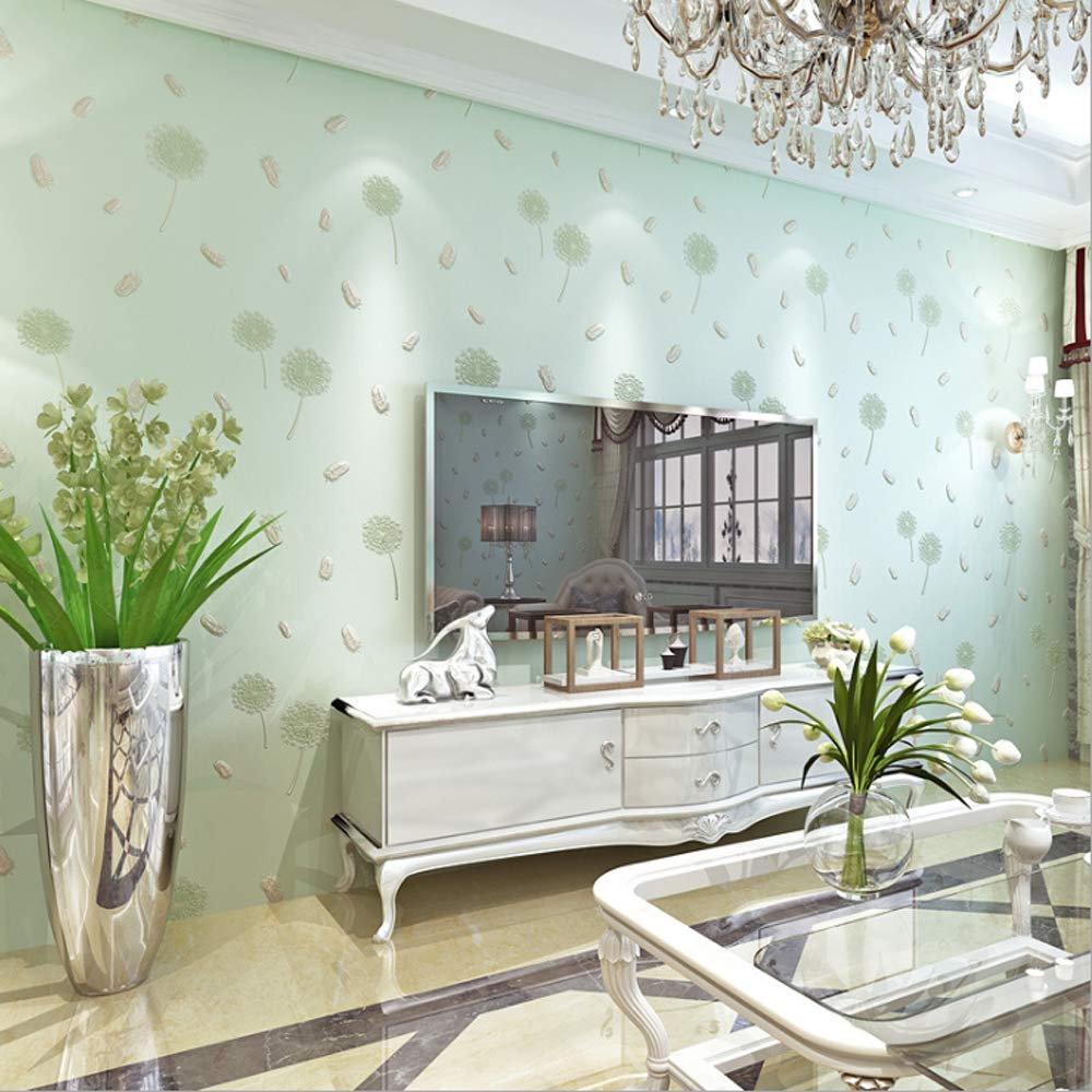 MEAIHOME Modern Minimalist Non-Woven Wallpaper Fresh Pastoral 3D Dandelion Flowers Bedroom Living Room Children's Room Decoration 1.73'W x 32.8'L Non-Pasted (Light Green)