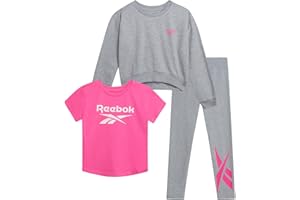 Reebok Active Girls Leggings Set - 3 Piece Athletic Crew Neck Short Sleeve TShirts Sweatshirt and Legging Pants for Girls