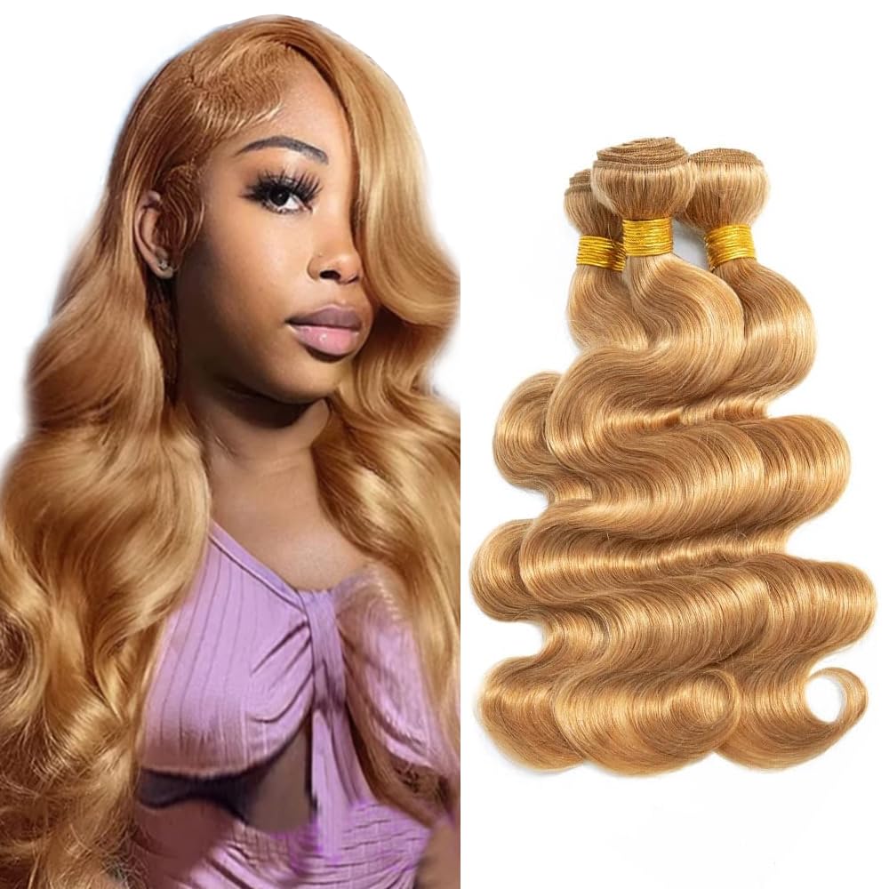 Photo 1 of #27 Blonde Bundles Body Wave Human Hair Bundles 16 18 20 Inch Unprocessed Brazilian Virgin Hair Weave 3 Bundles Honey Blonde Human Hair Extensions For Woman 50 Grams Per Bundle