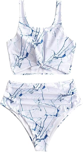 ZAFUL Damen Ribbed Knotted Floral High Waisted Tankini Badeanzug