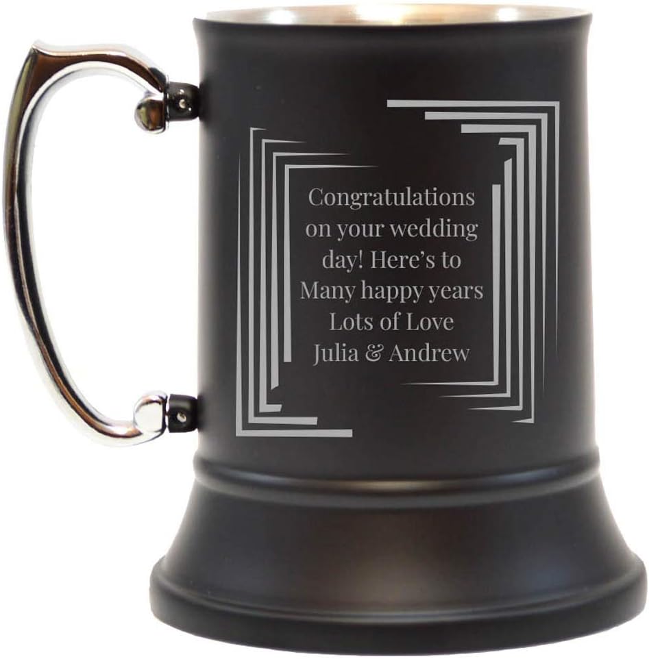 Birsppy Personalised Steel Tankard Stein Engraved Pint Black Men Stainless Silver Modern Lines Frame Handle Gift Box 500 ml