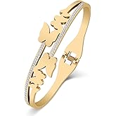 BONSNY Stainless Steel 18K Gold Silver Plated Butterfly with White Shells Rhinestones Cuff Bracelets Bangles for Women Friendship Jewelry Gifts Non Tarnish