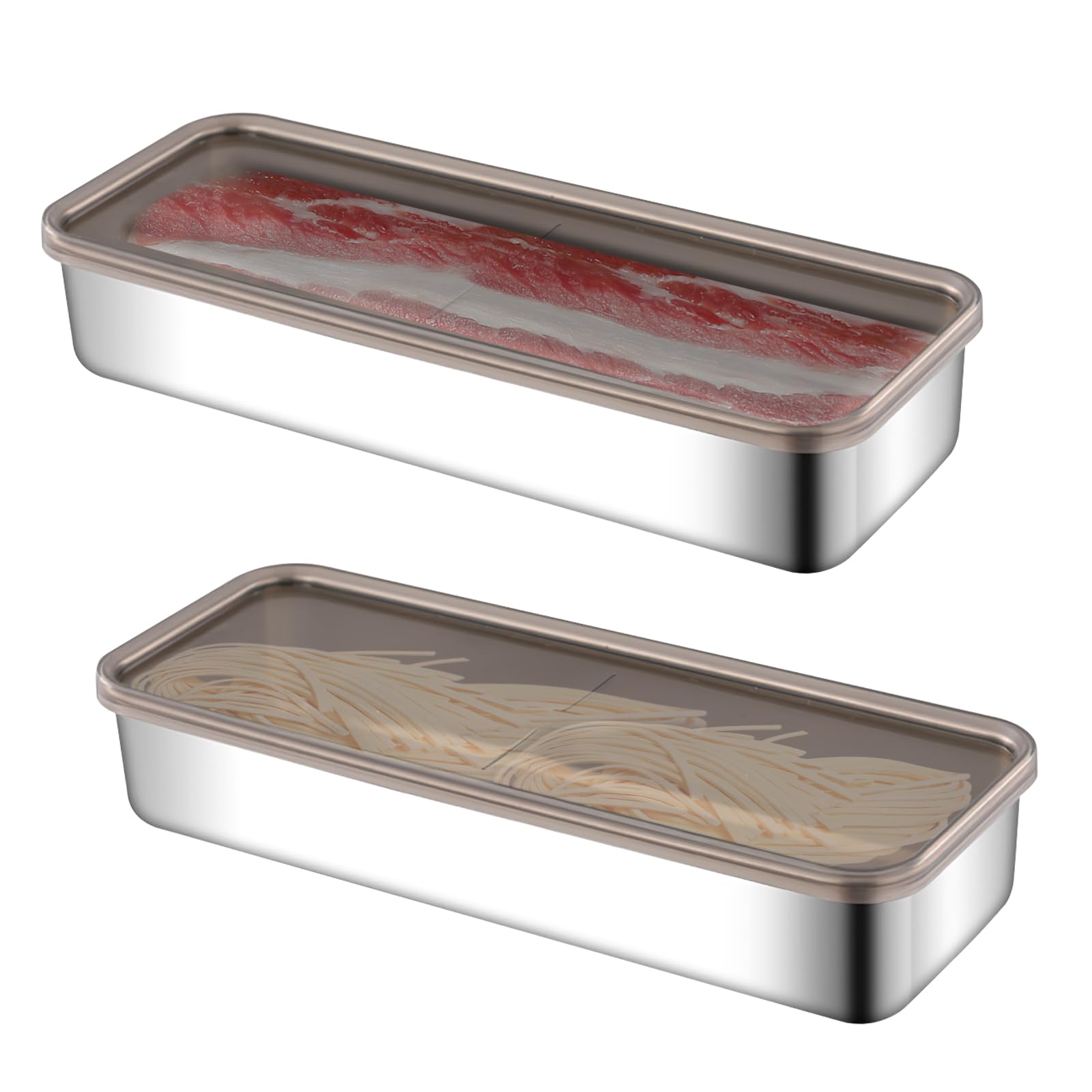 TOWEBOORY 2Pcs Bacon Storage Box for Fridge, Deli Meat Containers with Lids Bacon Storage Container Stainless Steel Cold Meat Container Bacon Keeper for Deli Pasta Celery (26.5 * 10 * 4.6cm)