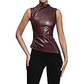 ANKOMINA Women's Sexy PU Leather Sleeveless Tank Tops Asymmetrical Ruched Blouse Y2K T Shirt Party Clubwear