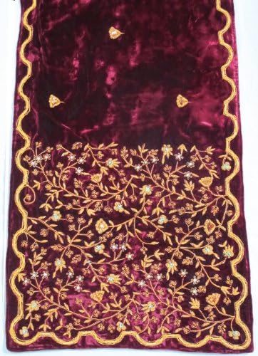Steel Paisley Maharani Floral Embroidered Beaded Velvet Table Runner Burgundy Gold Copper