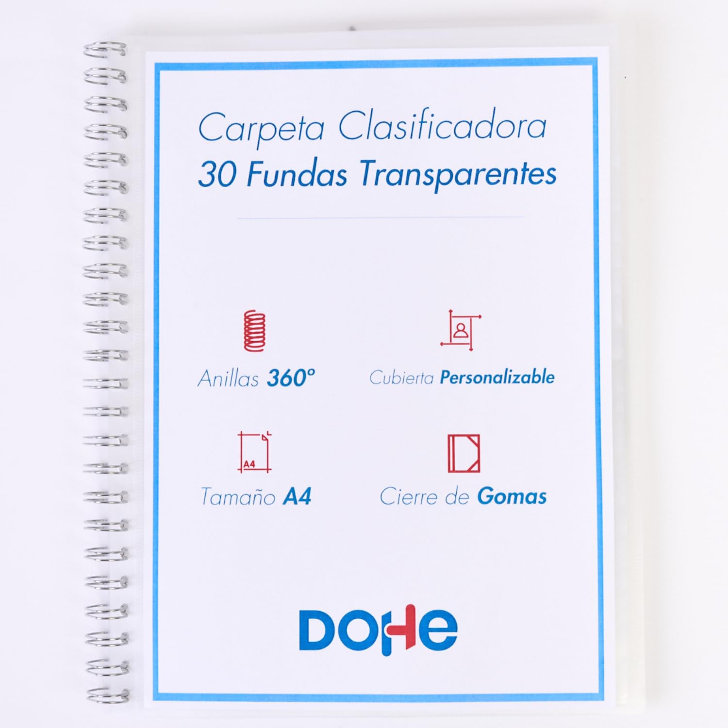 Dohe - Folder with Rings 30 Pockets - A4 (24.5 x 31.5 cm), Customizable Cover with Pocket, Elastic Straps Closure - Office and School Supplies