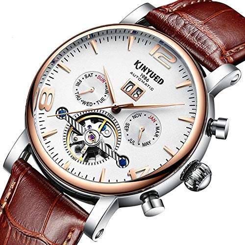 Kinyued Mechanical Watches for Men Leather Band Waterproof Date Automatic Watch Skeleton Tourbillon Wrist Watch