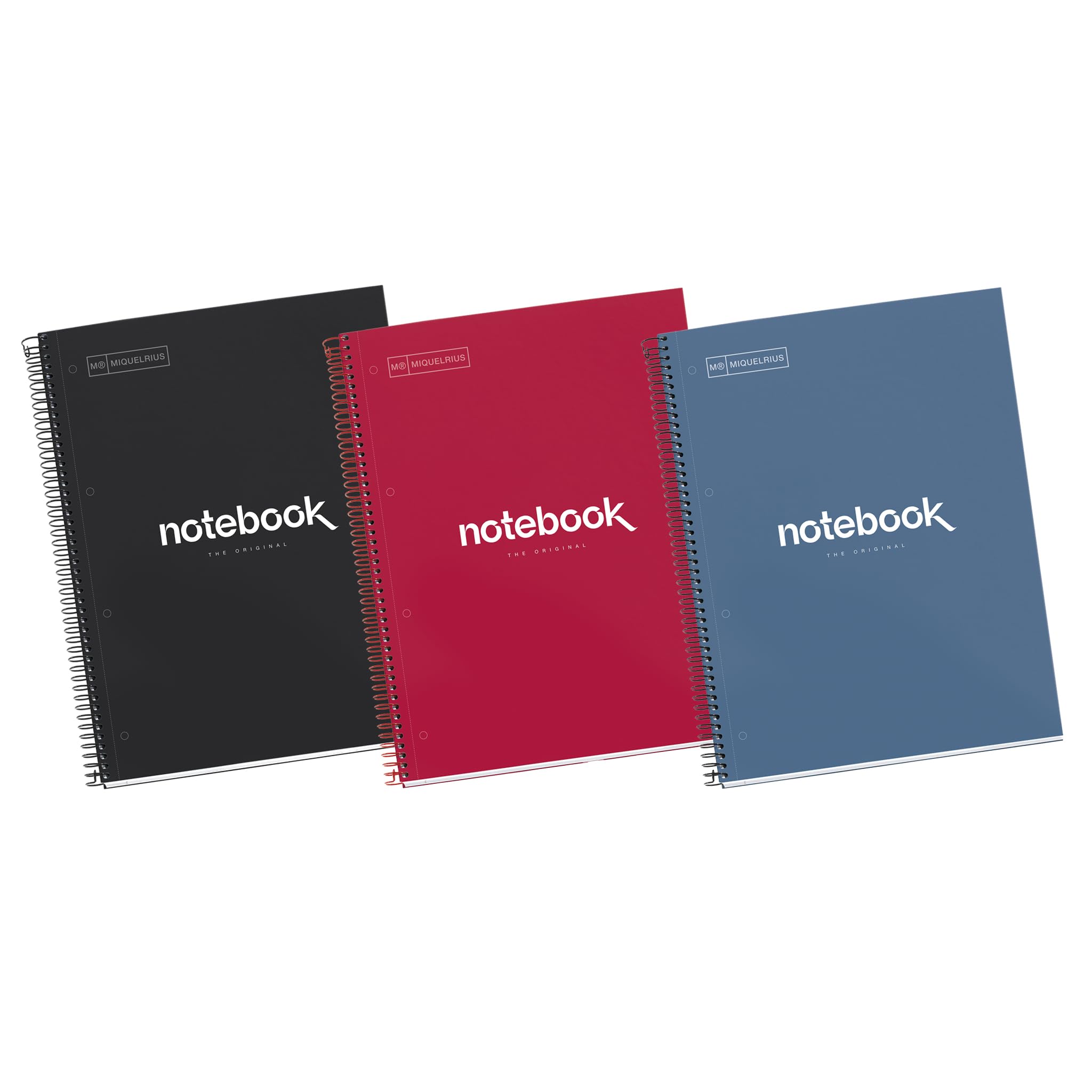 MIQUELRIUS Pack of 3 A4 Microperforated Spiral Notebooks, Lined Cardboard Cover, Size 210 x 297 mm, 4 Holes, 80 Sheets 90 g/m2 a Colour Strip, 5 x 5 mm Grid, Intense Emotions