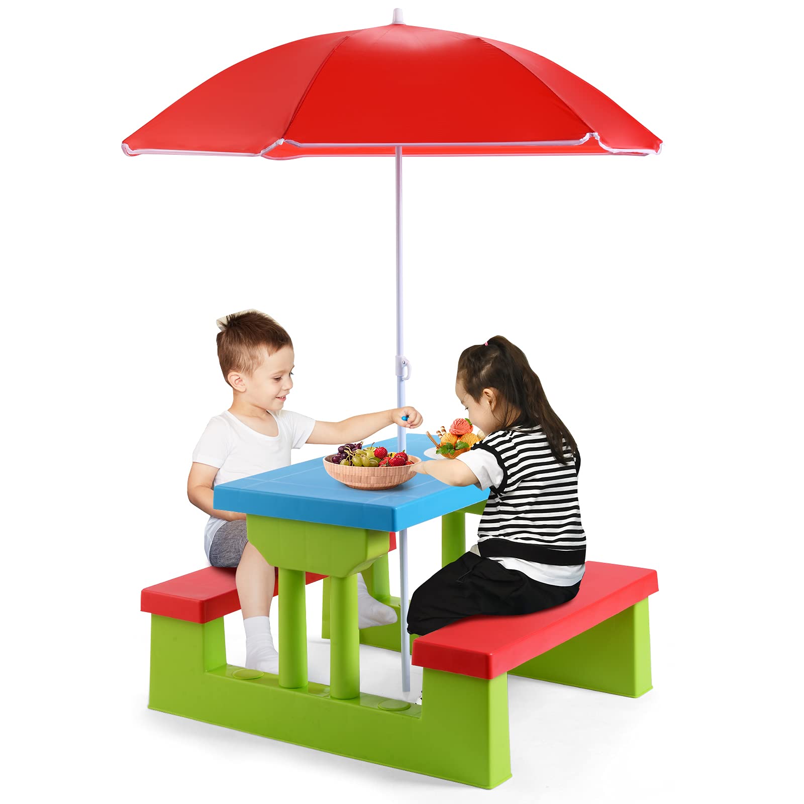 ARMILE Kids Picnic Table, Kids indoor & Outdoor Table and Bench set with Removable & Foldable Umbrella, Portable Toddler Plastic Picnic Table for Patio, Backyard, Ideal Gift for Boys Girls(Red)