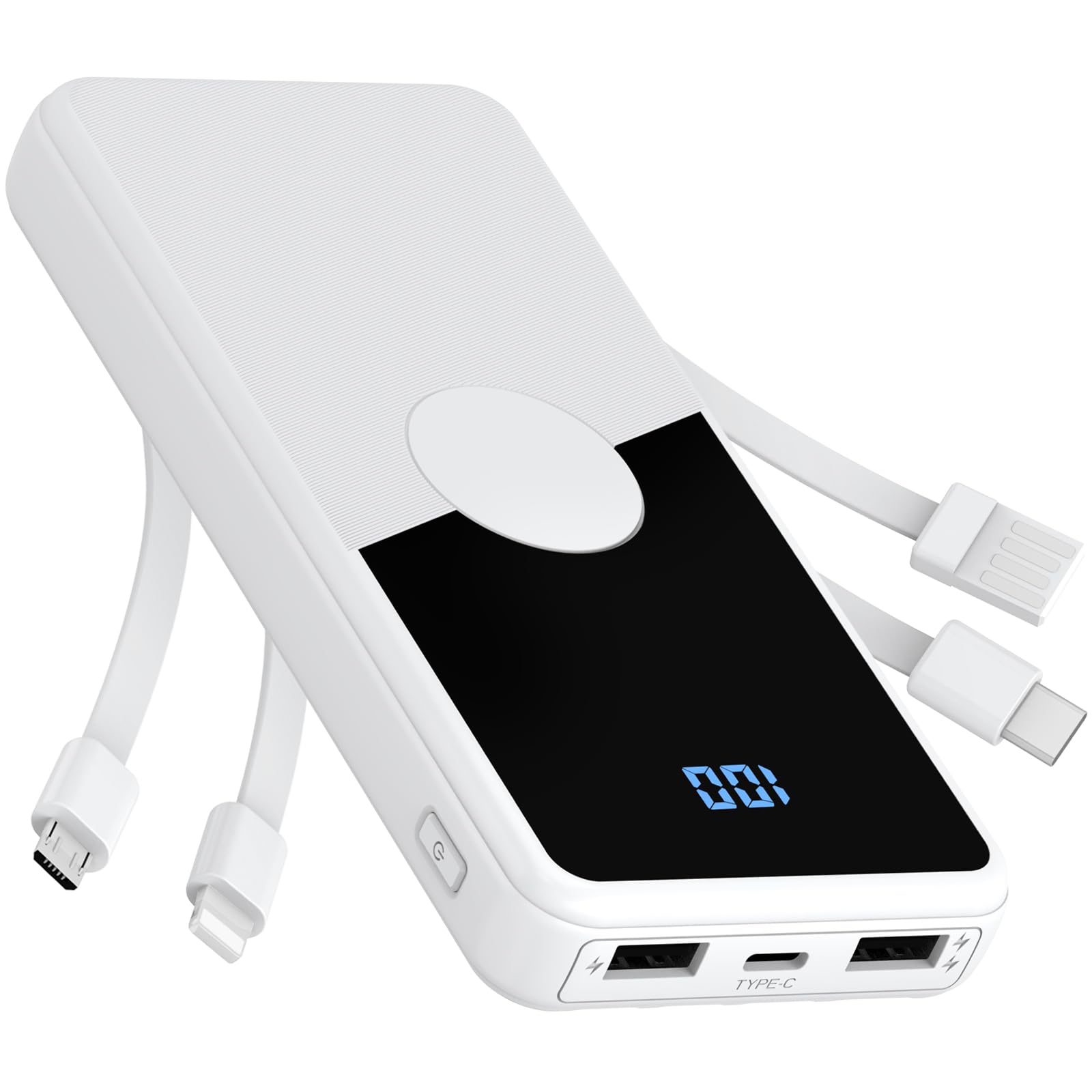 TXQX Portable Charger with Built in Cables,High Speed Power Bank 10000mAh Travel Battery Pack 5 Outputs 3 Inputs Portable Phone Charger Backup Battery for iPhone, Samsung, iPad,Tablets (White)