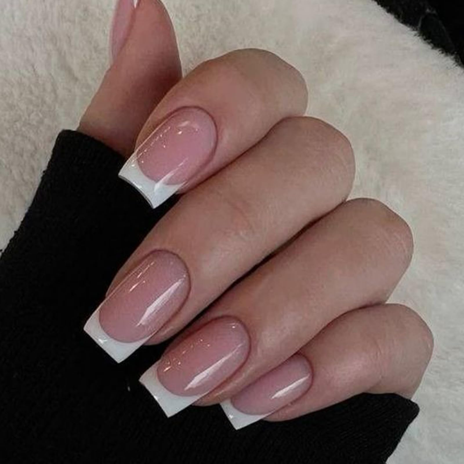 Modelones French Press on Nails, Short Square Fake Nails, Reusable Nail Kit with Nail Glue Adhesive Tabs Mini Nail File, Nails Press Ons 32Pcs 16 Sizes