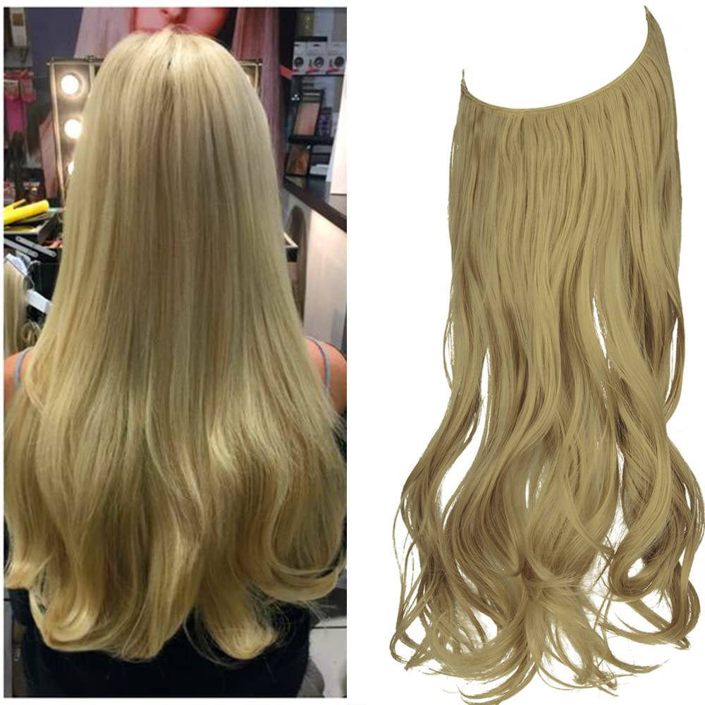 OMGRET Ombre Halo Hair Extension Ash Blonde Wavy Curly Synthetic Hair Piece Long 20 Inch 4.4 Oz Invisible Wire for Women Heat Friendly Fiber No Clip