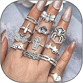 Rrdaily Vintage Silver Knuckle Rings Set for Women Teen Girls Chunky Stackable Joint Finger Nail Statement Rings Gothic Cross Butterfly Ring Pack Jewelry