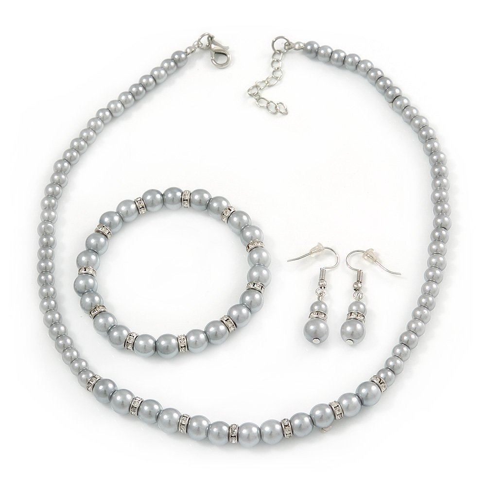 Avalaya 5mm/ 7mm Light Grey Glass/Crystal Bead Necklace, Flex Bracelet & Drop Earrings Set/ 42cm L/ 5cm Ext