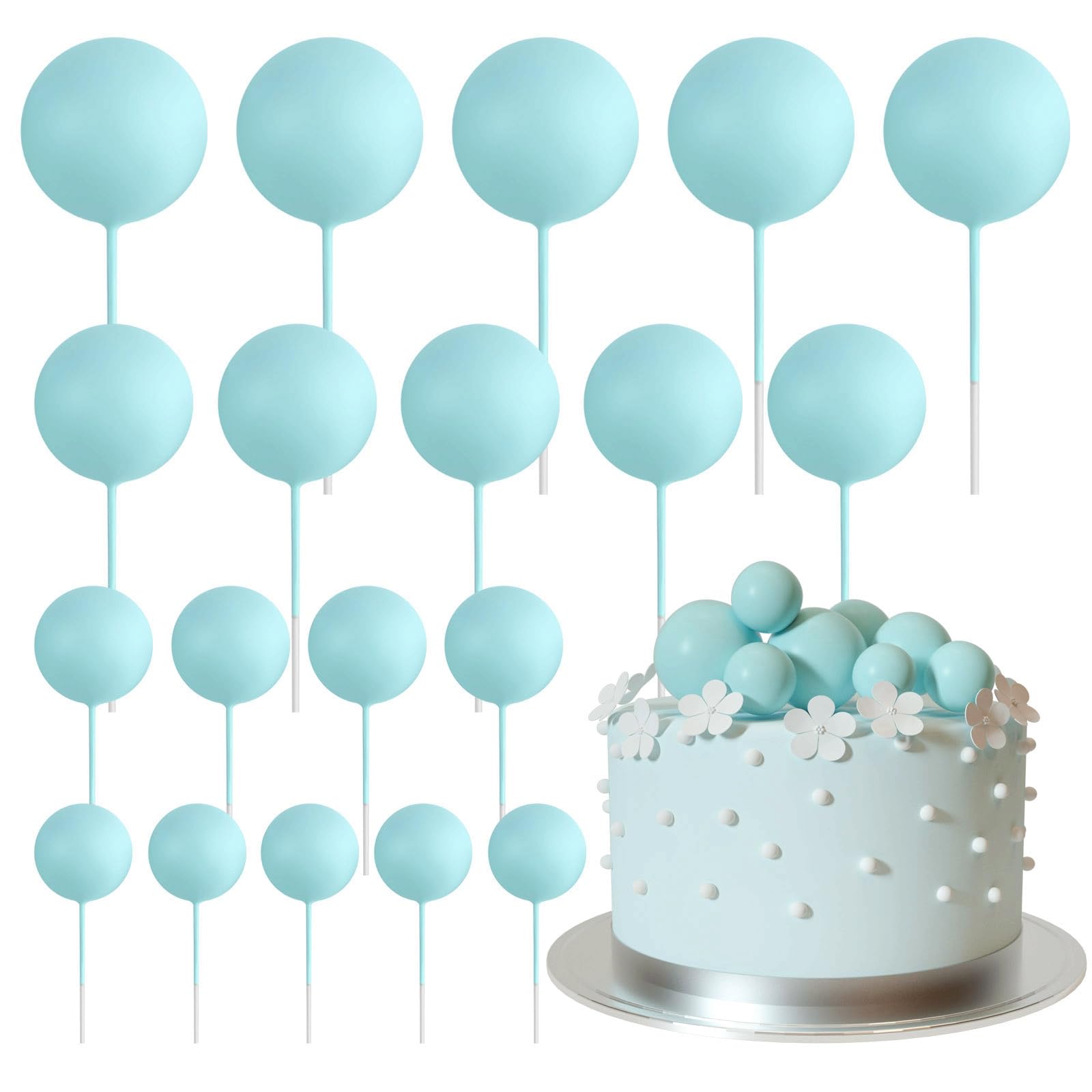 ASTARON 20 Pcs Ball Cake Topper Decorations - Mini Balloons Cake Topper Sticks Light Blue Balls Cake Picks for Wedding & Birthday — image 1