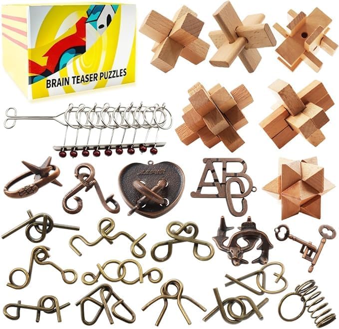 Lot de 24 tâches de sport de réflexion pour enfants, adolescents et adultes - Jouets éducatifs en métal et bois - Jeux d'emboîtement 3D pour QI et logique avec des tâches difficiles