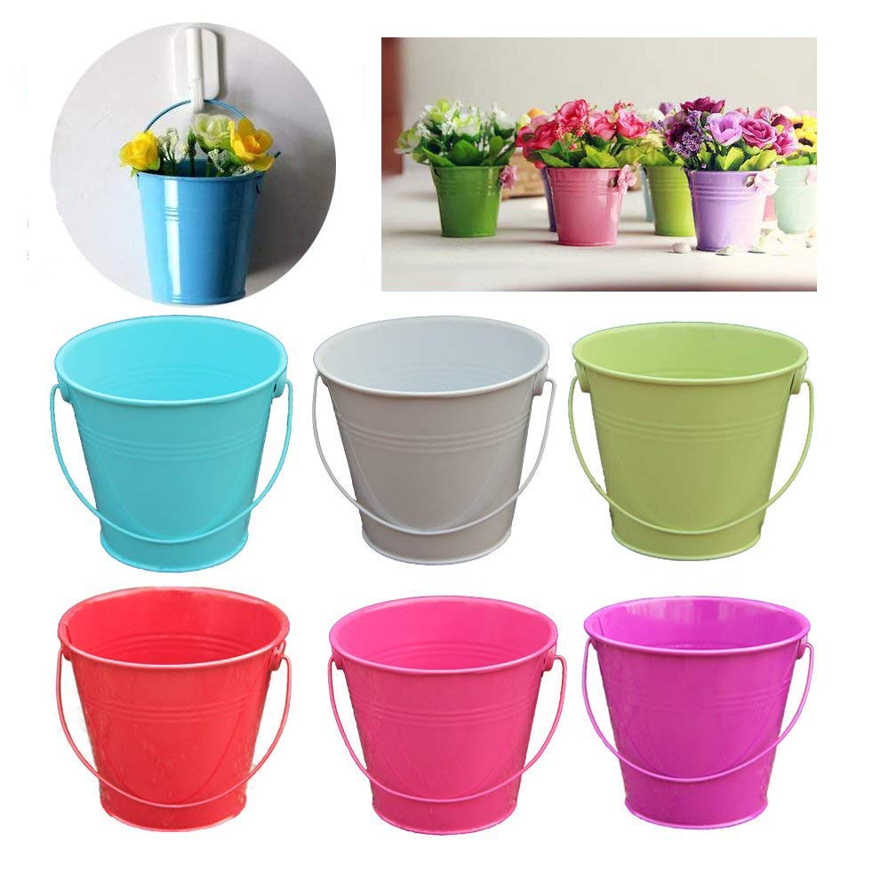 Dproptel 2-in-1 Portable Flower Pots + Sand bucket, Iron Hanging Flower Pots, Balcony Garden Pots Wall Planters Metal Bucket Flower Holders with Detachable Hooks - 6 Colors Set