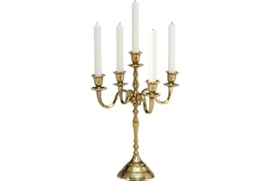 WHW WHOLE HOUSE WORLDS Hamptons Five Candle Golden Candelabra, Hand Crafted of Cast Aluminum Nickel, Over 1 FT (15.75 Inches)