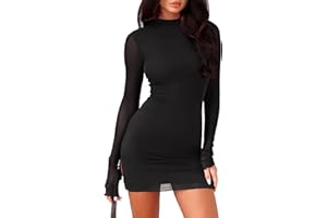 OZICERD Women Long Sleeve Bodycon Mini Dress Mock Neck Sheer Mesh Slit Going Out Dress Fall Rave Club Cocktail Party Dresses