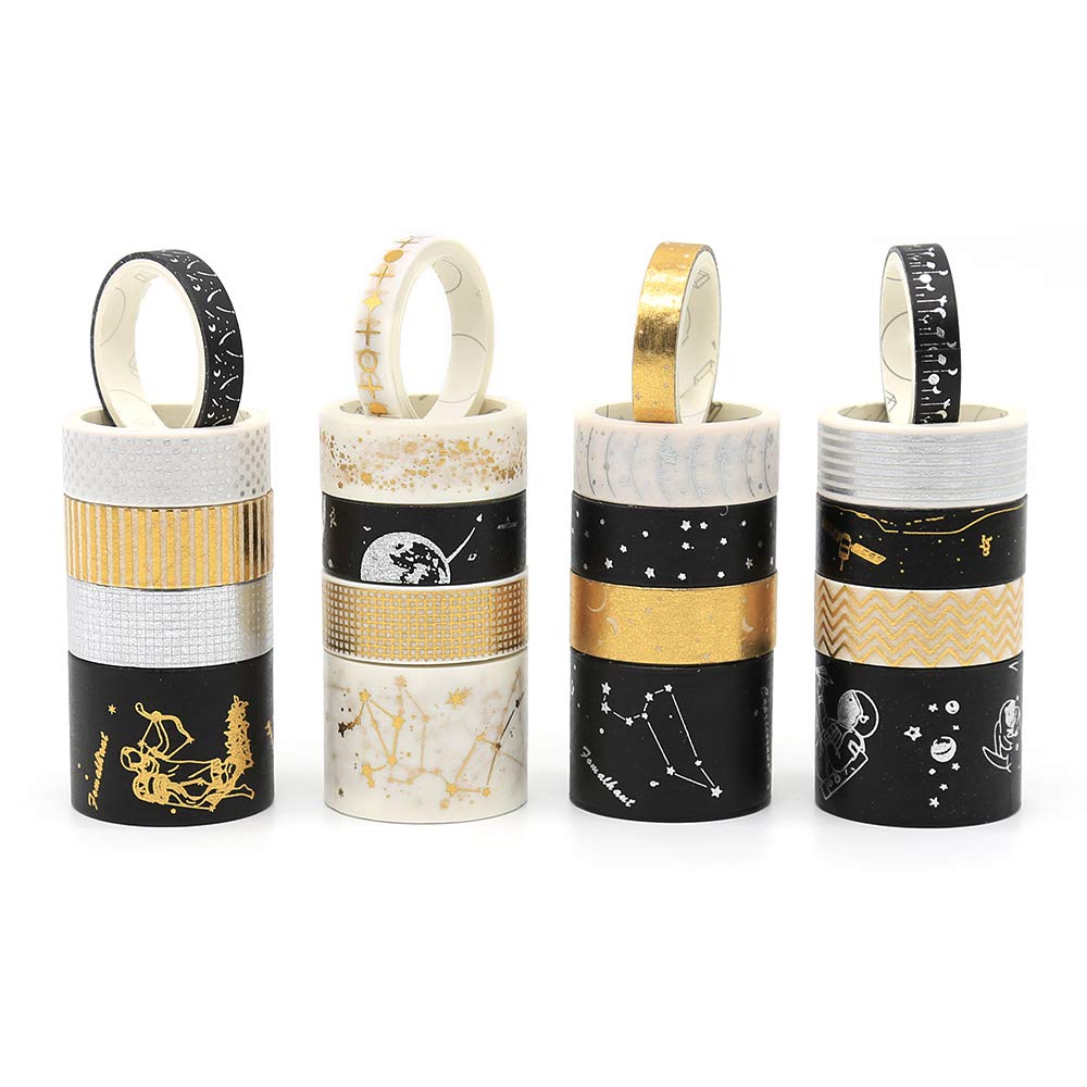 Gold Foil Washi Tape Set - 20 Rolls DIY Decor Japanese Adhesive Masking Tape for Scrapbook, Bullet Journal, Planner, Arts & Crafts, Gift Wrapping