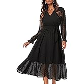 Women's Fall Long Sleeve Spring Dress Wrap V Neck Swiss Dot Casual A-Line Midi Dresses with Belt