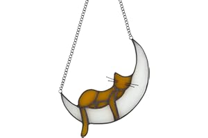 YT3 STUDIO Sleeping Cat on Moon Stained Glass Window Hangings, Cat Decor Gifts for Cat Lovers, Orange Cat Memorial Gifts, Stained Glass Cat Suncatcher Gifts for Cat Lovers Halloween Decor