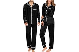 SWOMOG Couples Matching Pajamas Sets Women & Men Silk Satin Long Sleeve Button Down Sleepwear 2 Pcs Classic Loungewear