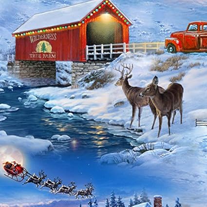 Amazon Com Country Christmas Fabric Barn Snowman Covered Bridge