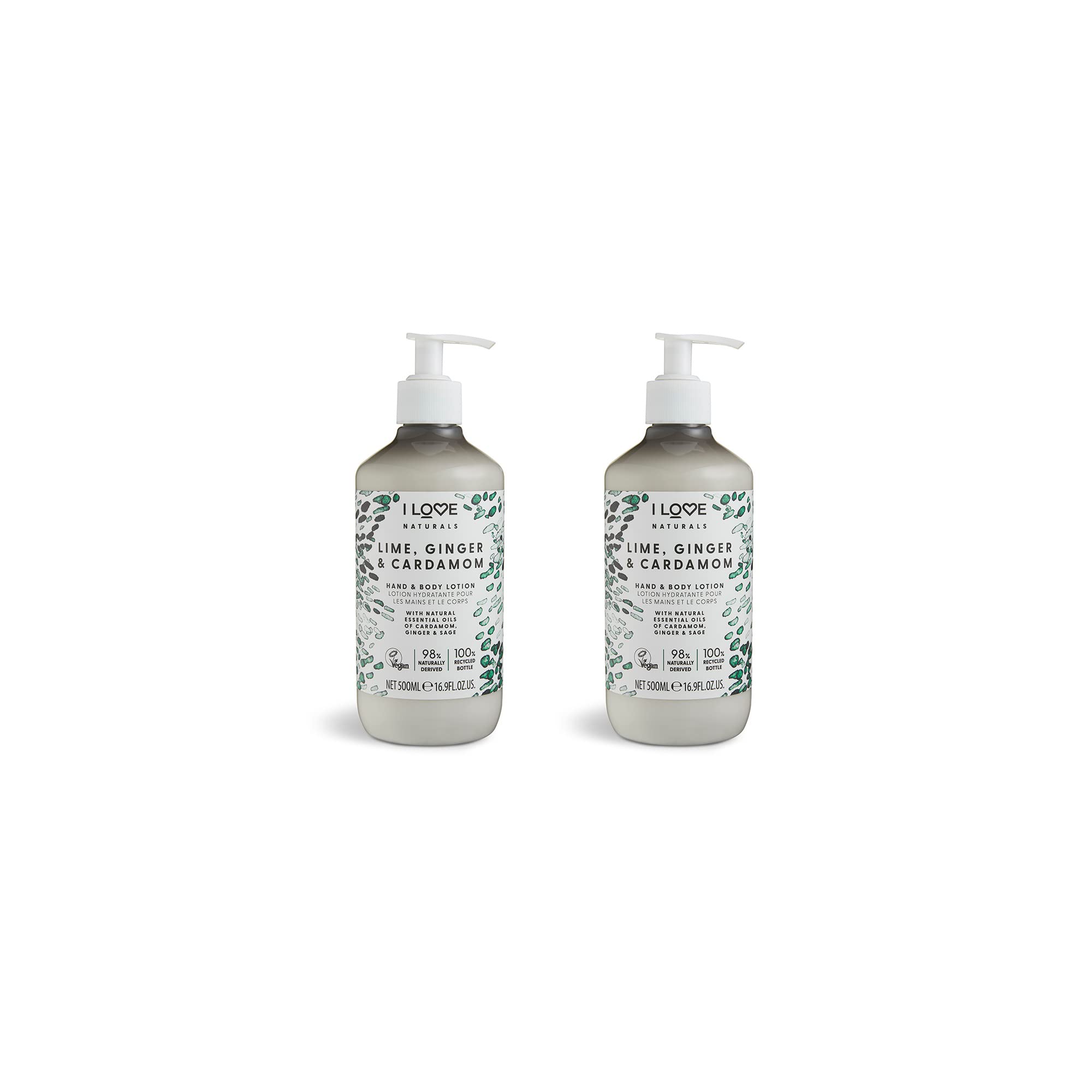 I Love Naturals Lime, Ginger & Cardamon Hand & Body Lotion, Essential Oils Of Cardamon, Ginger & Sage, Crafted With Ingredients Such as Shea Butter, 2 x 500ml