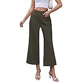 Famulily Womens Button Down Wide Leg High Elastic Waisted Capri Pants Casual Dressy Cropped Pants with Patch Pockets