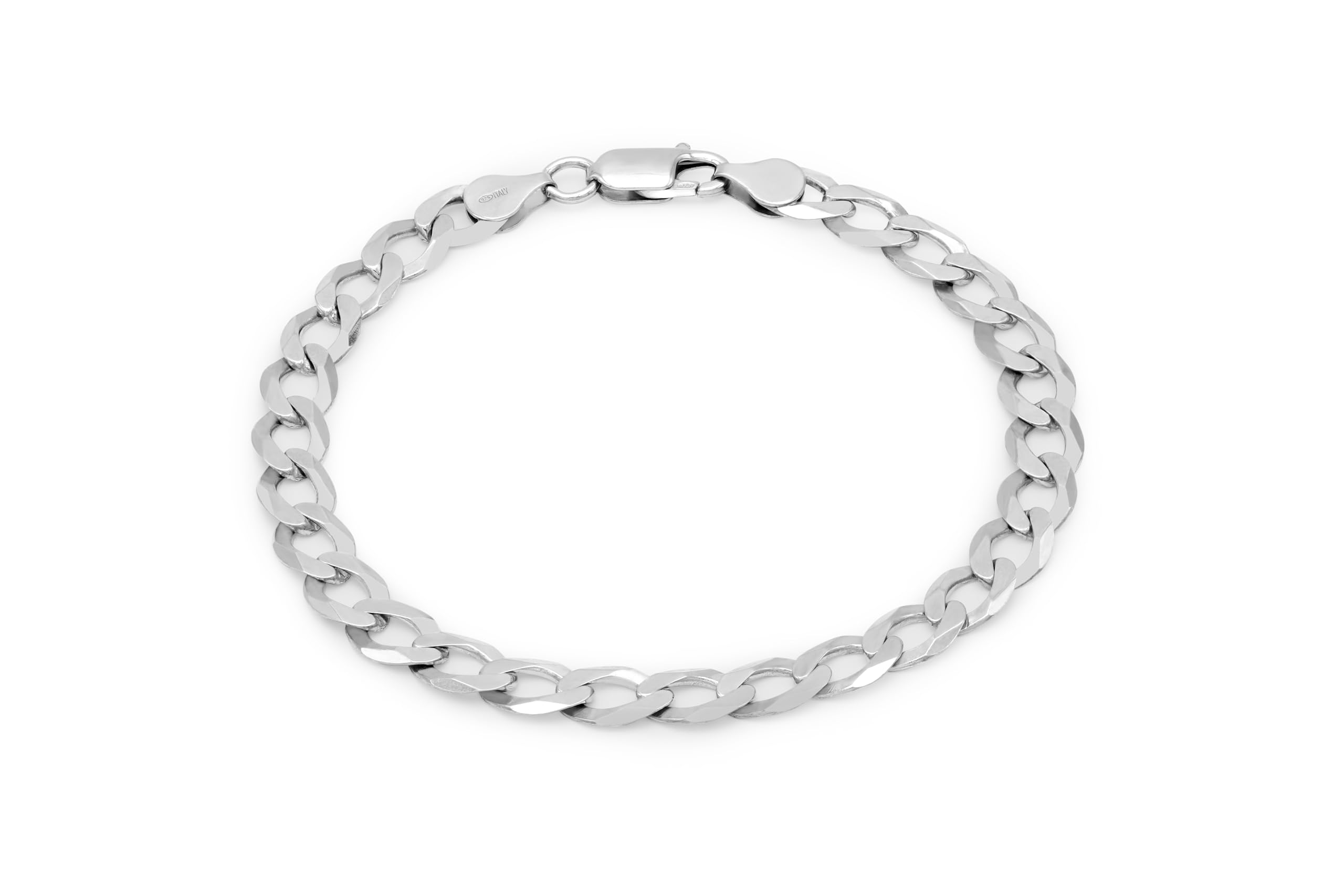 Aka Gioielli® - Men Women 925 Sterling Silver Rhodium Bracelet - 7.4mm Flat Cuban Curb Chain - Sizes: 8.5 inch