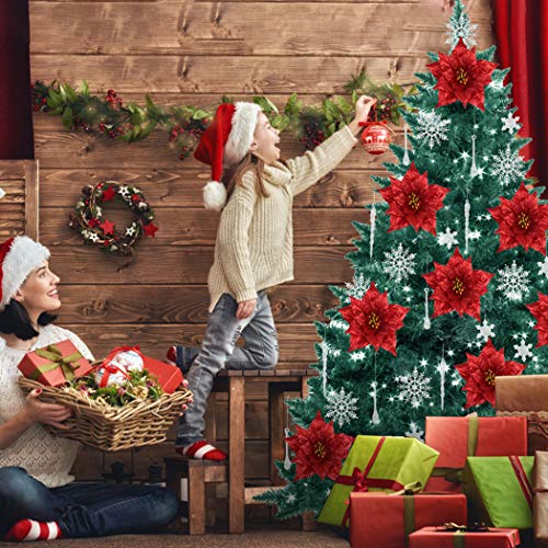 Outgeek 24 Pcs Poinsettia Christmas Flower Decoration and Icicles and Fixing Clip Set Christmas Glitter Artificial Flowers Red Christmas Tree Ornament