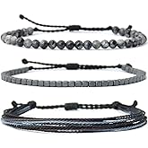 Handmade Natural Stone Beaded & Hematite Healing Bracelet Gift for Men-Set of 3 Stackable Adjustable Waterproof String Rope Bracelets