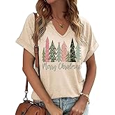 Earlymemb Womens Christmas V Neck Shirt Funny Xmas Holiday Graphic Short Sleeve Tee Family Holiday T-Shirt Blouse