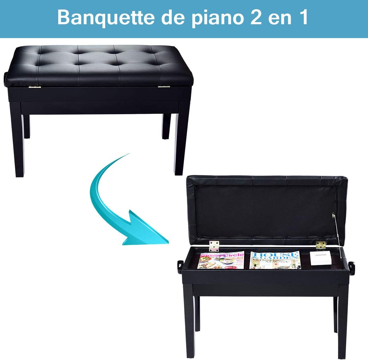 Costway Banc Banquette Tabouret De Piano 2 Places Hauteur Reglable 48 5 56 5cm En Bois Massif Avec Fonction De Stockage Surface En Pu Support En Fer 75 X 35 X 48 5 56 5cm Noir Amazon Fr Instruments De Musique