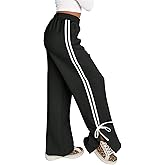Fisoew Womens Wide Leg Sweatpants High Waisted Side Slit Lounge Travel Track Pants Striped Baggy with Pockets