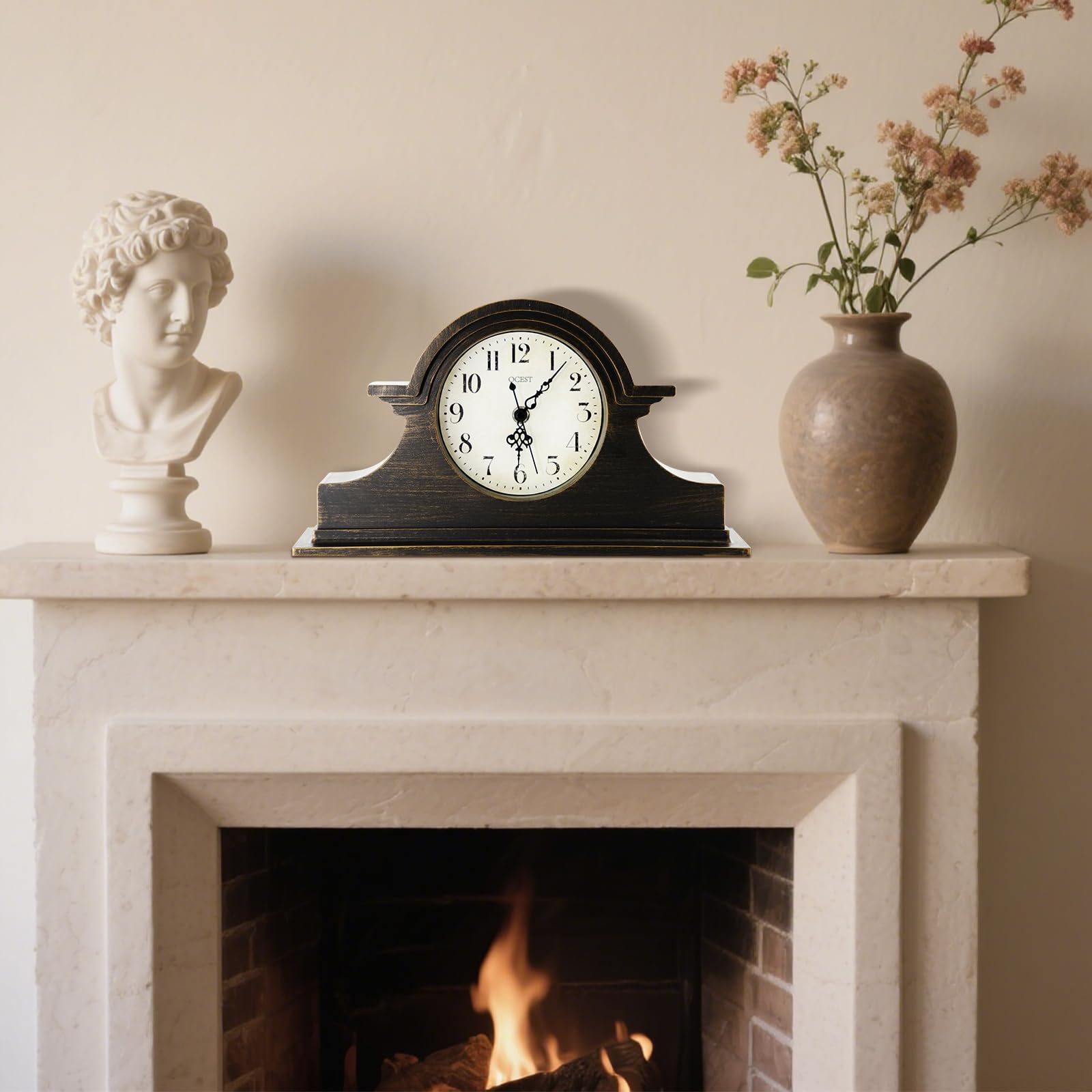 OCEST Mantel Clock, Vintage Farmhouse Table Clock, Napoleon Desk Shelf Clock, Home Table Decoration Office Art Desk Clock, Black
