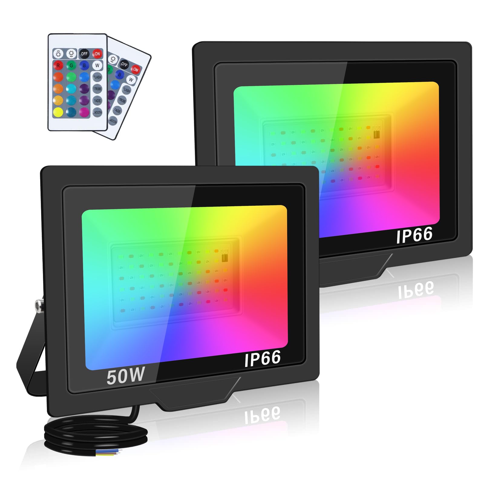 SKYWORLD 50W RGB LED Flood Lights, Color Changing IP66 Waterproof Security Lights with Remote, 16 Colors & 4 Modes for Outdoor, Garden, Stage, Decoration - 2PCS