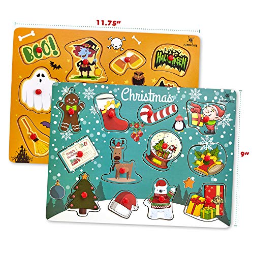 Halloween | Christmas | Wooden Peg Puzzle, Holiday Theme - Pack of 2 Learning Educational Pegged Puzzle Boards for Toddler & Kids (Set of 2) | Great Gift for Kids