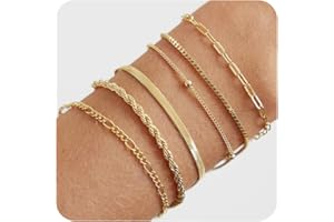 MKLUUO Gold Bracelets for Women, Dainty Adjustable 14K Gold Plated Herringbone Link Bracelet Set Trendy Stack Beaded Papercli
